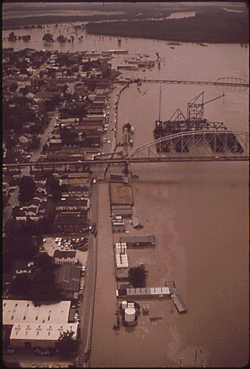 Aerial view of the flood waters in Morgan City, Louisiana May, 1973