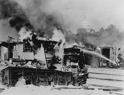 Douglas MacArthur, Major Dwight D. Eisenhower and Major George S. Patton, attacked and burned the encampments of unemployed World War I veterans.