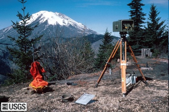 Geodimeter station (EDM) set up at Smith Creek Butte, east side of Mount St. Helens. USGS Photograph taken on April 25, 1980, by Peter Lipman.