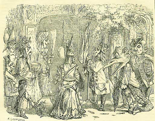 The engraving delineates a motley group on such an occasion as we are describing. First is seen Old Father Christmas, bearing, as emblematic devices, the holly bough, wassail-bowl, &c. Beside him stands a pretty little girl, carrying a branch of mistletoe. Then come the Grand Turk, the gallant knight, St. George, and the latter's antagonist, the devouring dragon. A doctor is also present with a large box of pills to cure the wounded. Drums and other music accompany the procession, which, moreover, in the above engraving is represented as accompanied by the parish-beadle, whose command of the stocks, in days gone by, rendered him a terror to evil-doers, and insured the maintenance of order and decorum.