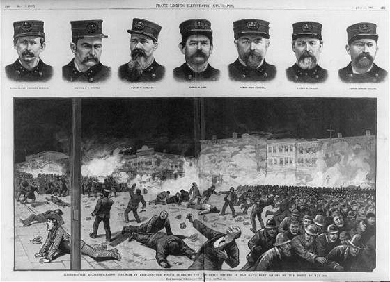 wo page spread from Frank Leslie’s illustrated Newspaper showing police charging rioters in Chicago’s Haymarket Square and bust portraits of seven policemen